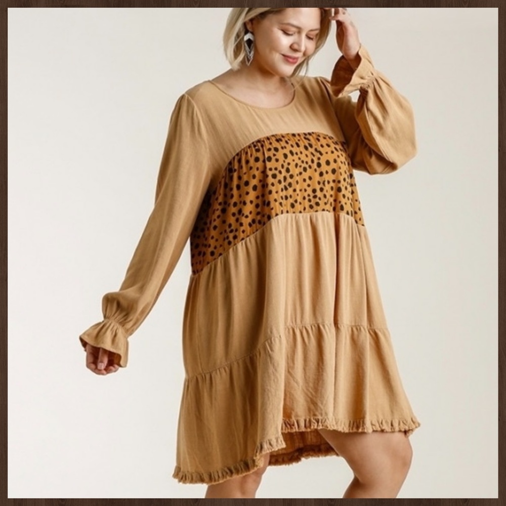 UMGEE Puff Sleeve & Ruffled Cuff Tiered Babydoll Dress Fringe Hem W/Animal Print - Picture 7 of 16